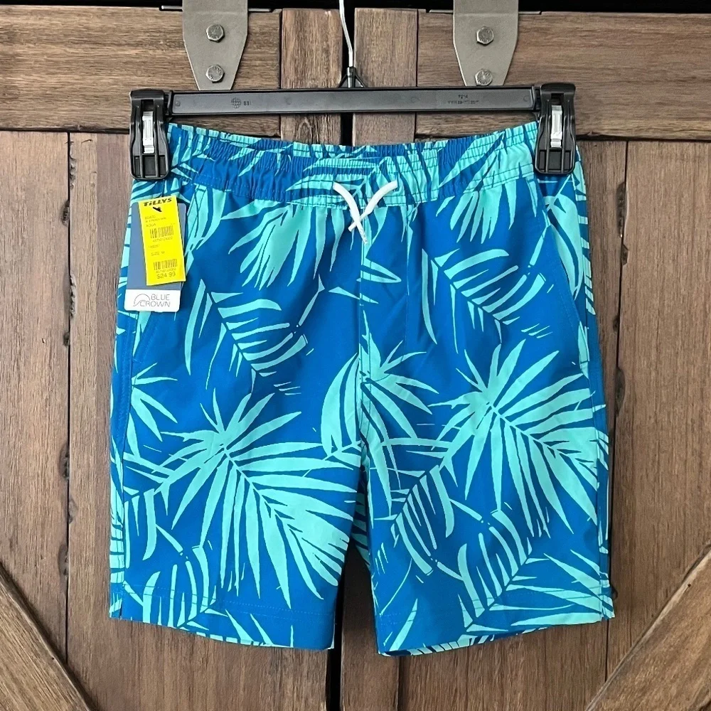 Tilly’s Blue Crown Boy's Aqua Leaf Swimtrunks Size Medium NWT